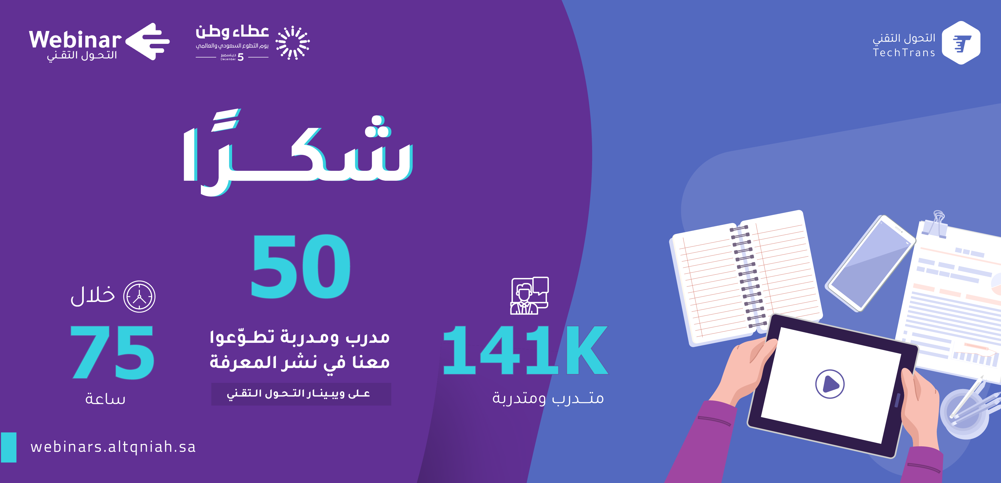 التحول التقني تشكر 50 مدرب ومدربة تطوعوا في نشر المعرفة لـ 141 ألف متدرب عبر ويبينار التحول التقني